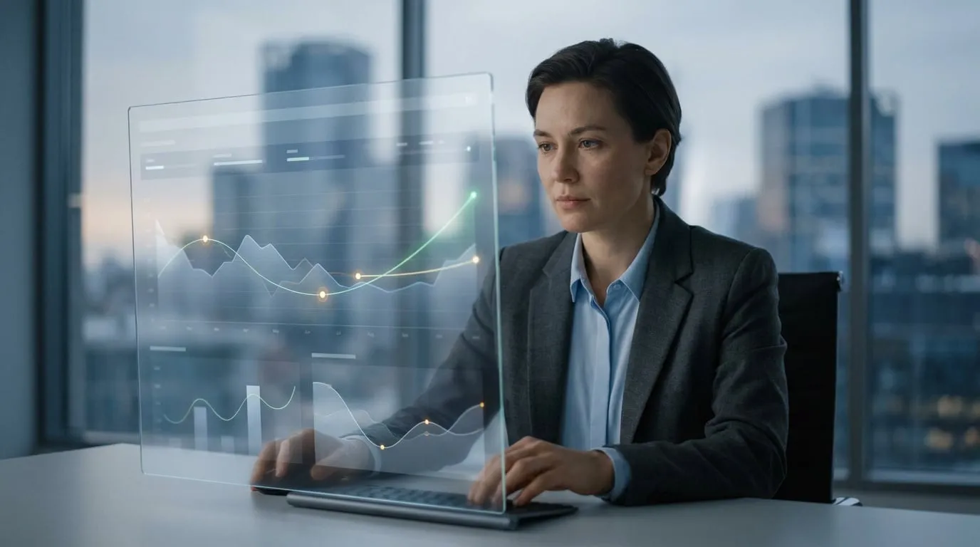 Une femme d'affaires utilisant une interface holographique transparente pour analyser des données financières complexes.