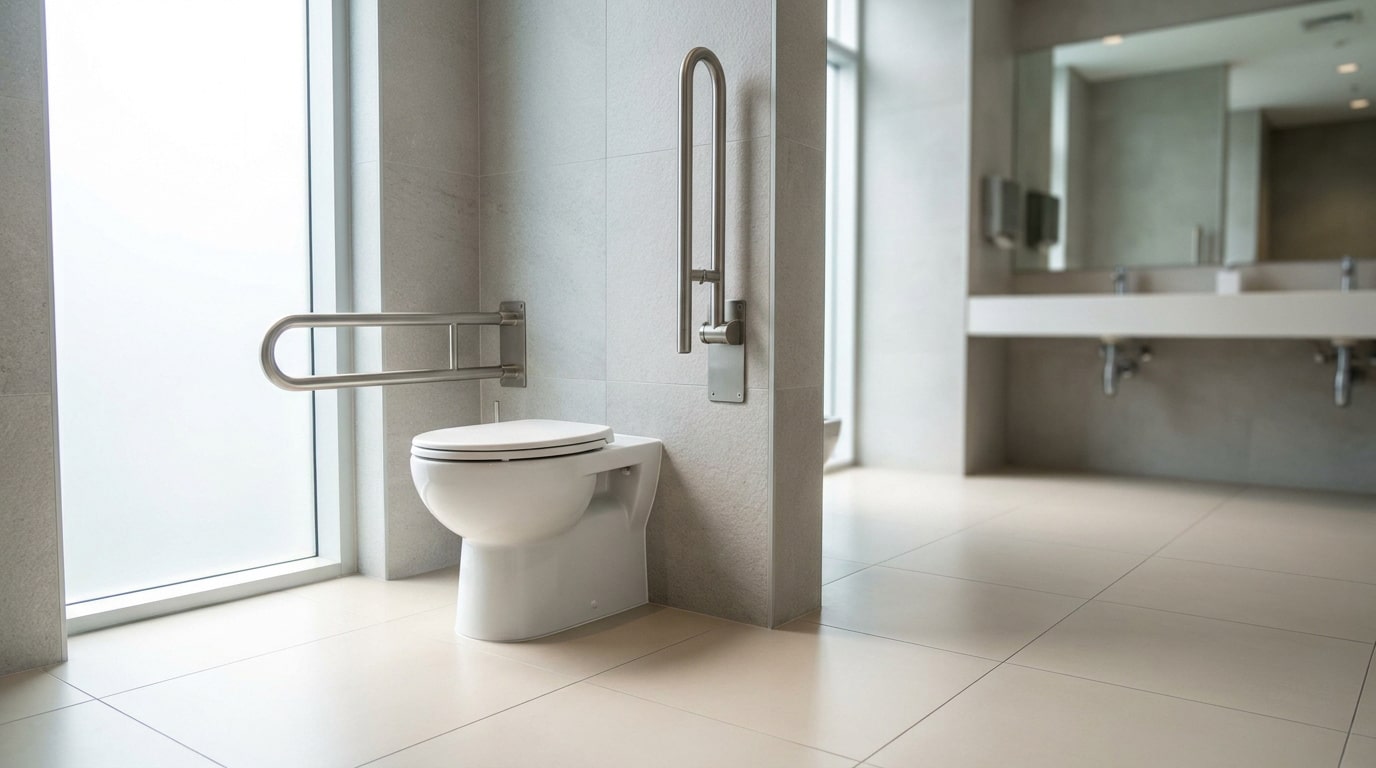Toilettes accessibles PMR avec barre d'appui relevable et horizontale dans une salle de bain moderne.