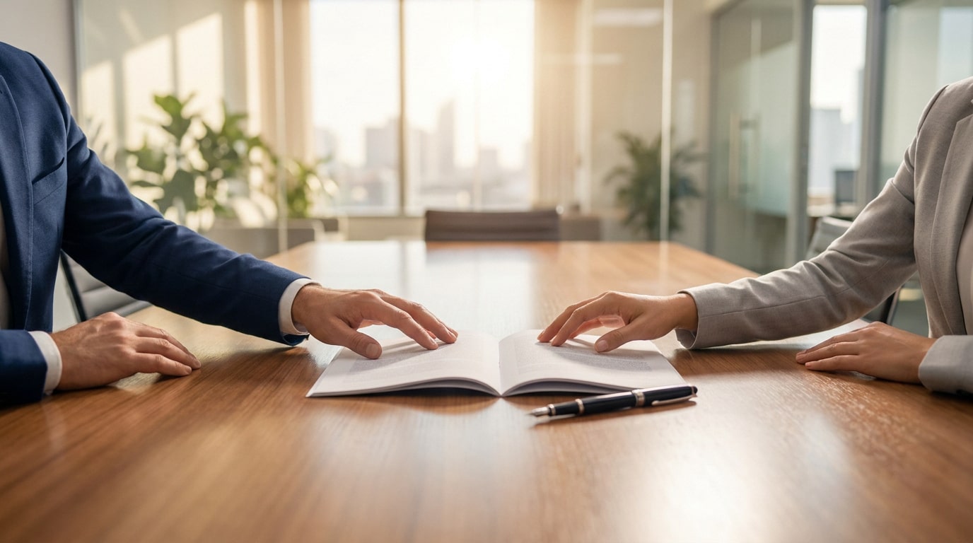 Deux professionnels en costume lisent un document posé sur une table de réunion lumineuse.