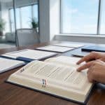 Mains d'un professionnel lisant un document juridique sur une table de conférence dans un bureau moderne.