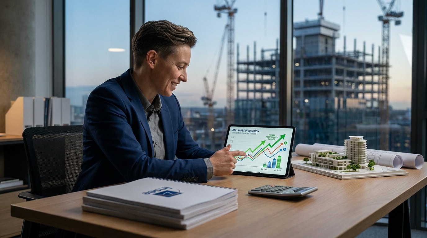Professionnel analysant des graphiques de l'indice BT01 sur une tablette devant un chantier en construction.