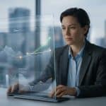 Une femme d'affaires utilisant une interface holographique transparente pour analyser des données financières complexes.