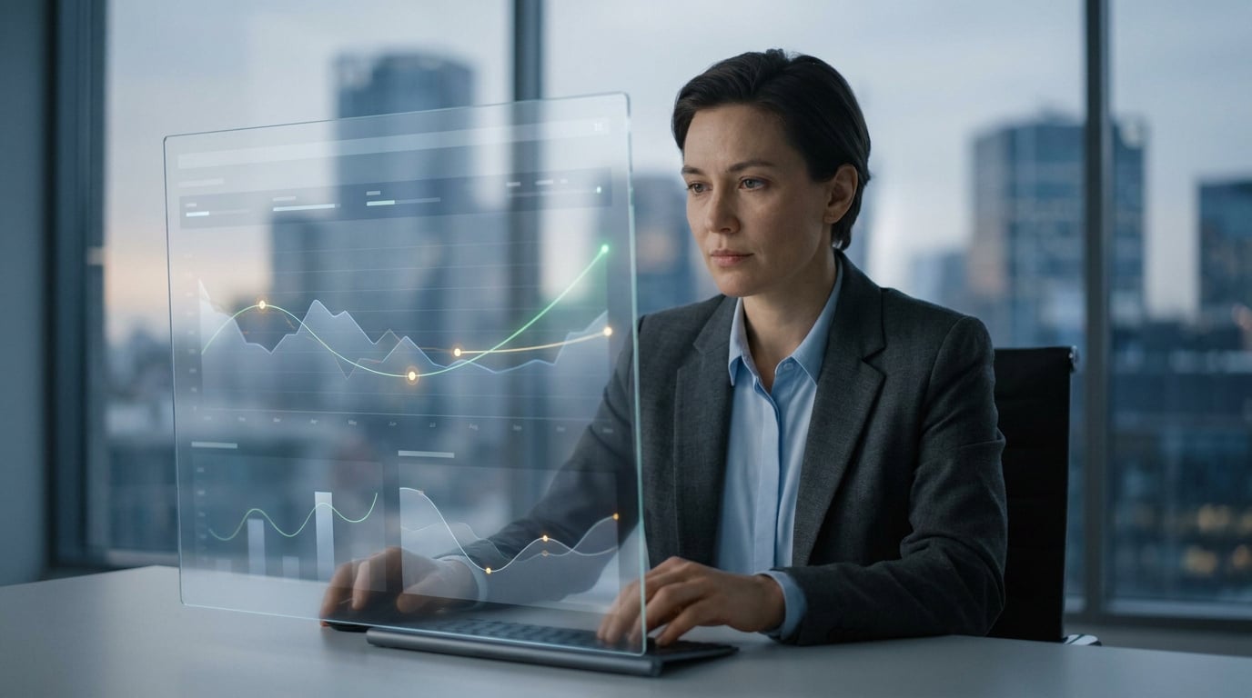 Une femme d'affaires utilisant une interface holographique transparente pour analyser des données financières complexes.