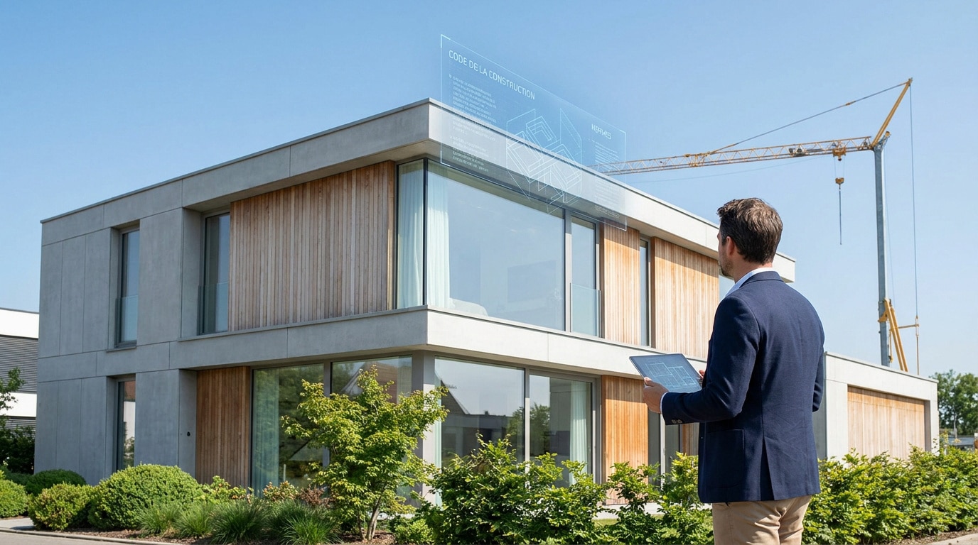 Un architecte utilisant une tablette numérique devant une maison moderne avec une interface holographique de normes.