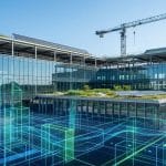 Un bâtiment moderne en construction avec des panneaux solaires, surmonté d'une modélisation 3D numérique lumineuse.