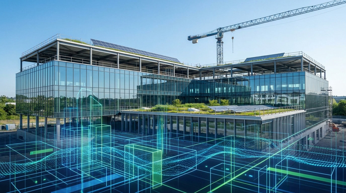 Un bâtiment moderne en construction avec des panneaux solaires, surmonté d'une modélisation 3D numérique lumineuse.