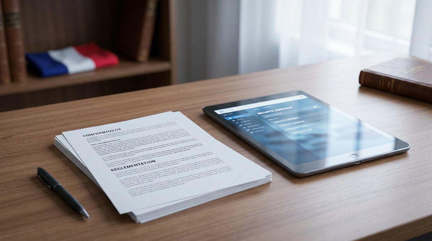 Documents juridiques et tablette numérique sur un bureau en bois avec le drapeau français en arrière-plan.