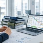 Un professionnel travaille sur un dossier de consultation avec des graphiques et des documents sur son bureau.