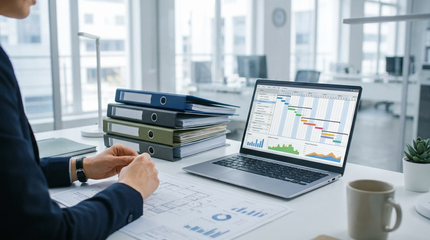 Un professionnel travaille sur un dossier de consultation avec des graphiques et des documents sur son bureau.