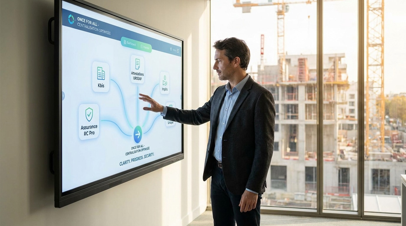 Un professionnel présente le logiciel Once For All sur un grand écran tactile face à un chantier de construction.