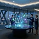 Trois professionnels analysant des données holographiques en réseau dans un bureau moderne avec vue sur une ville.