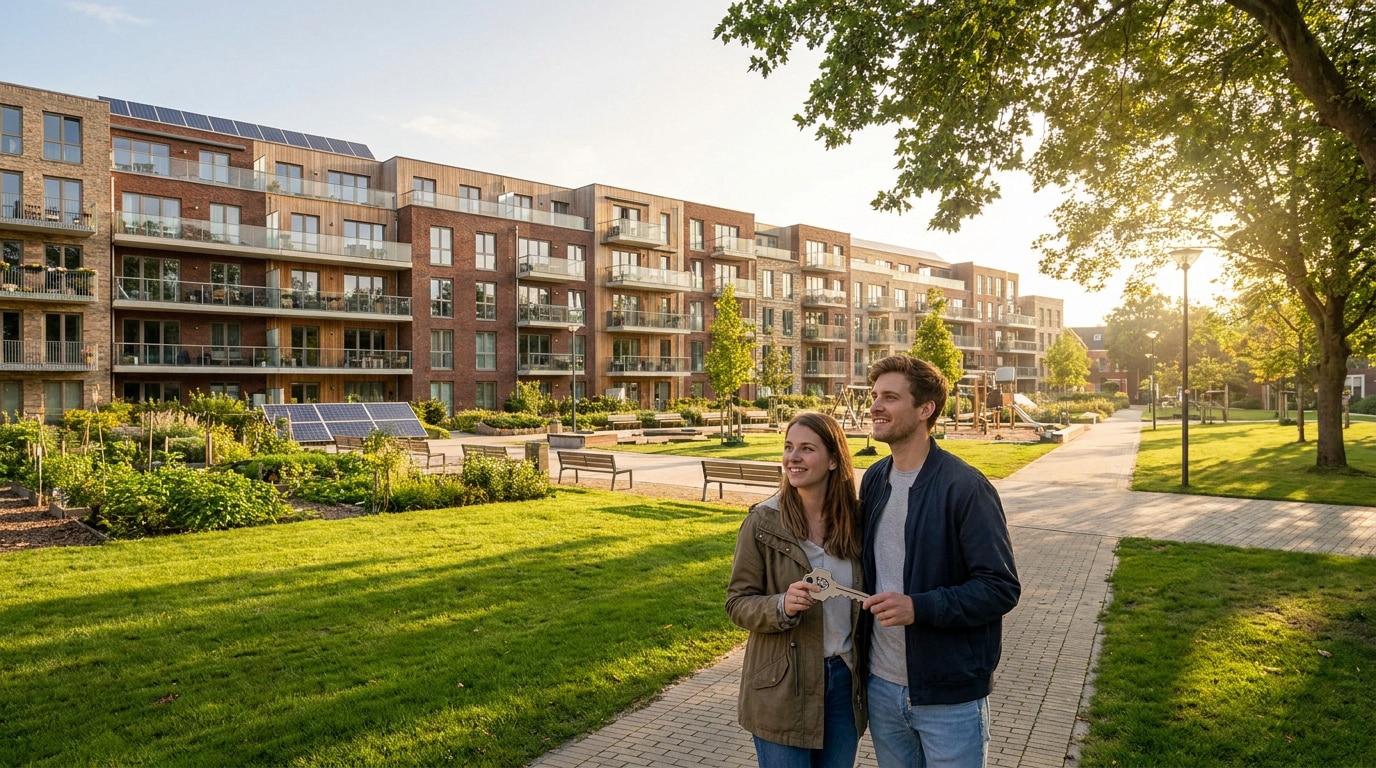Un jeune couple tenant une clé devant une résidence moderne entourée d'espaces verts.