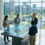 Groupe de professionnels consultant une carte 3D holographique d'une ville sur une table tactile dans un bureau moderne.