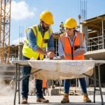Ingénieurs en construction portant des casques et gilets de sécurité examinant des plans sur un chantier.