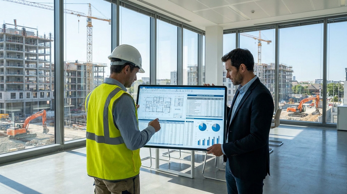 Un ingénieur et un gestionnaire analysent des données de construction sur un écran numérique devant un chantier.