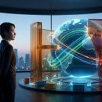 Une femme d'affaires observe une projection holographique interactive d'un globe terrestre entouré de conteneurs.