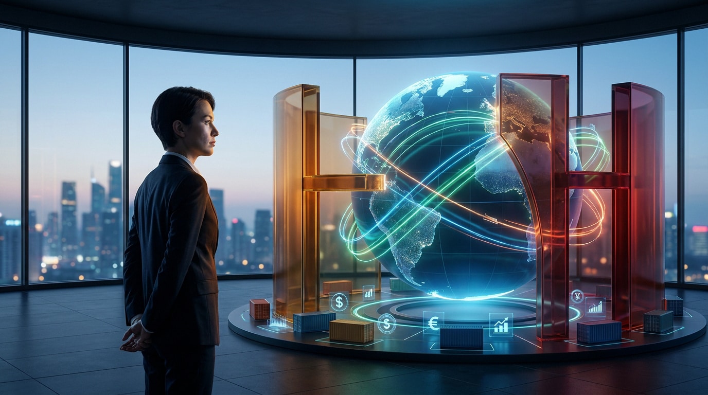 Une femme d'affaires observe une projection holographique interactive d'un globe terrestre entouré de conteneurs.