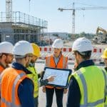 Une équipe de professionnels en construction examine un plan sur une tablette devant un chantier en activité.