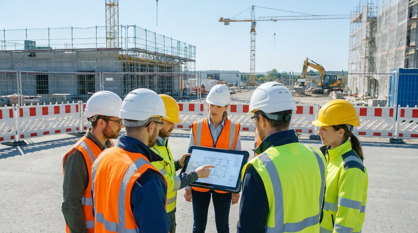 Une équipe de professionnels en construction examine un plan sur une tablette devant un chantier en activité.