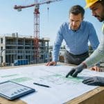 Un architecte et un ouvrier en gilet de sécurité examinent des plans de construction sur un chantier.