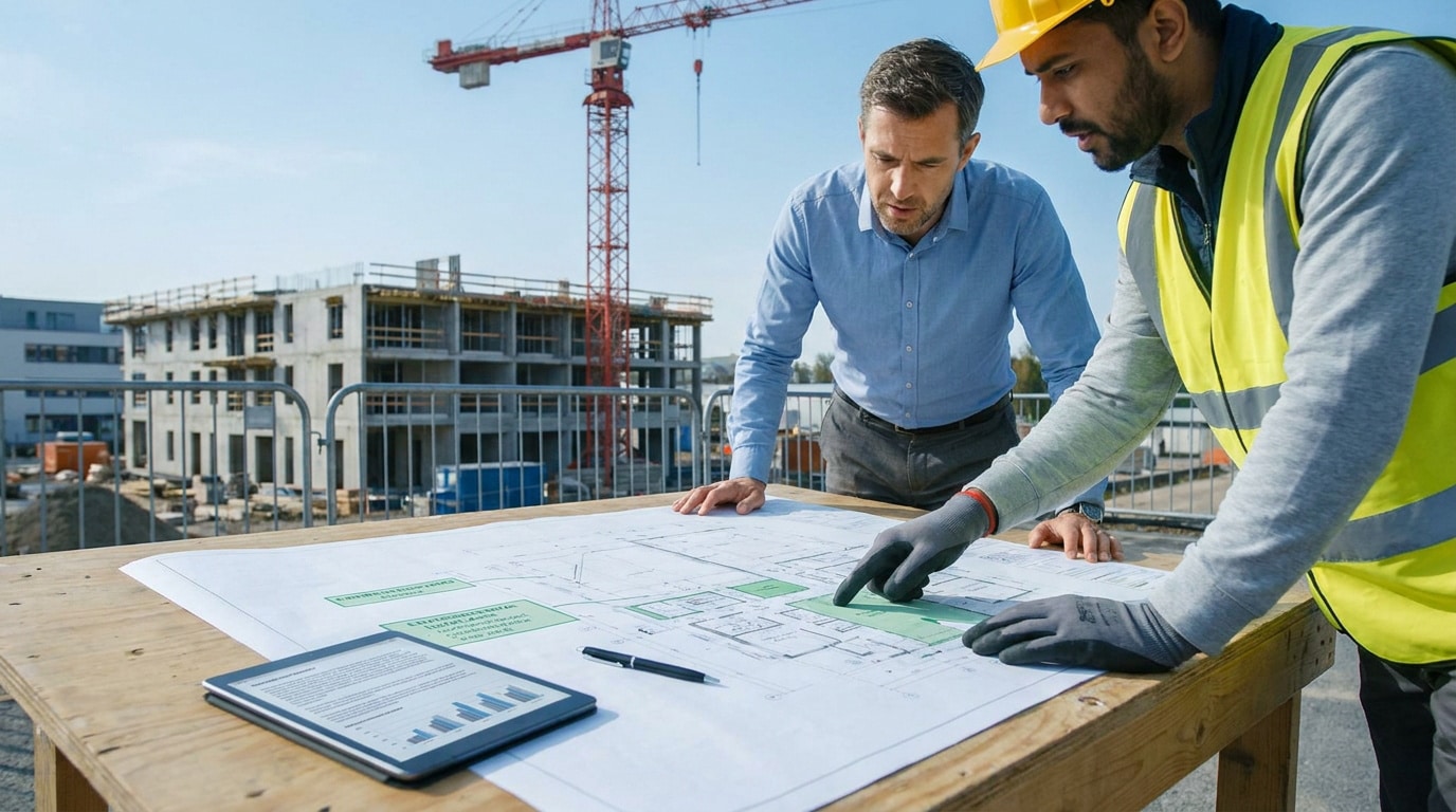 Un architecte et un ouvrier en gilet de sécurité examinent des plans de construction sur un chantier.