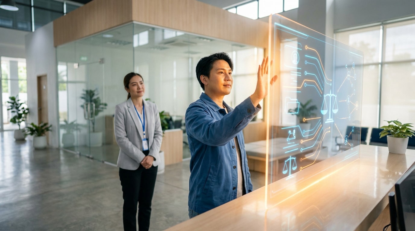 Un homme interagit avec une interface holographique juridique dans un bureau moderne sous le regard d'une collègue.