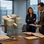 Un homme et une femme en tenue professionnelle examinent des documents juridiques dans une salle de conférence moderne.