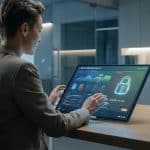 Professionnelle utilisant un écran tactile holographique affichant des données de conformité et un cadenas de sécurité.