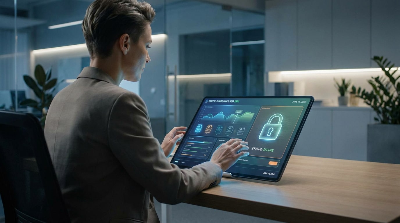 Professionnelle utilisant un écran tactile holographique affichant des données de conformité et un cadenas de sécurité.
