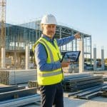 Un chef de chantier en casque et gilet de sécurité tenant une tablette devant un bâtiment en construction.