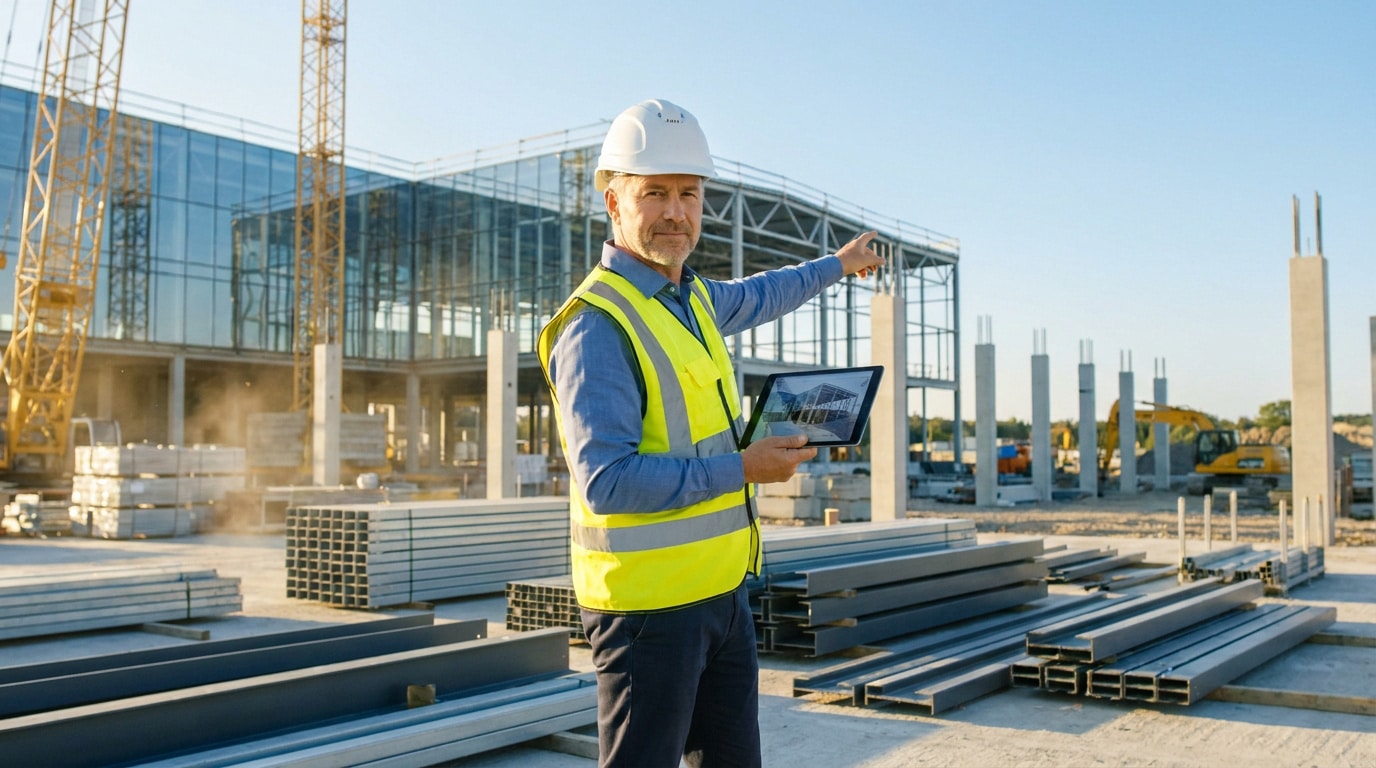 Un chef de chantier en casque et gilet de sécurité tenant une tablette devant un bâtiment en construction.