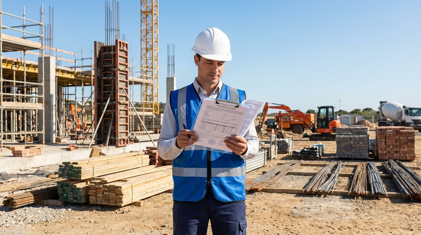 Chef de chantier en casque et gilet réfléchissant consultant des documents administratifs sur un site en construction.