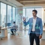 Un homme d'affaires interagit avec une interface numérique holographique représentant des flux de documents en entreprise.