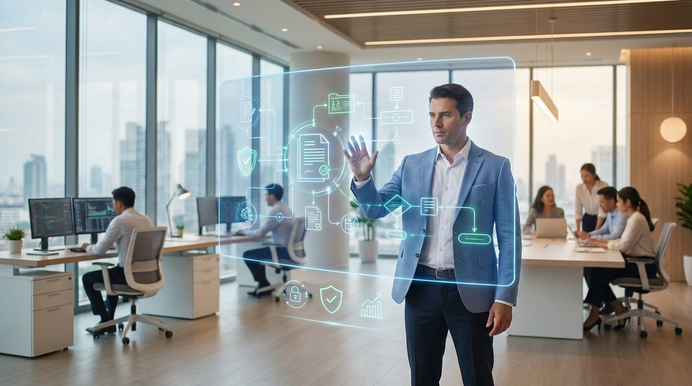 Un homme d'affaires interagit avec une interface numérique holographique représentant des flux de documents en entreprise.
