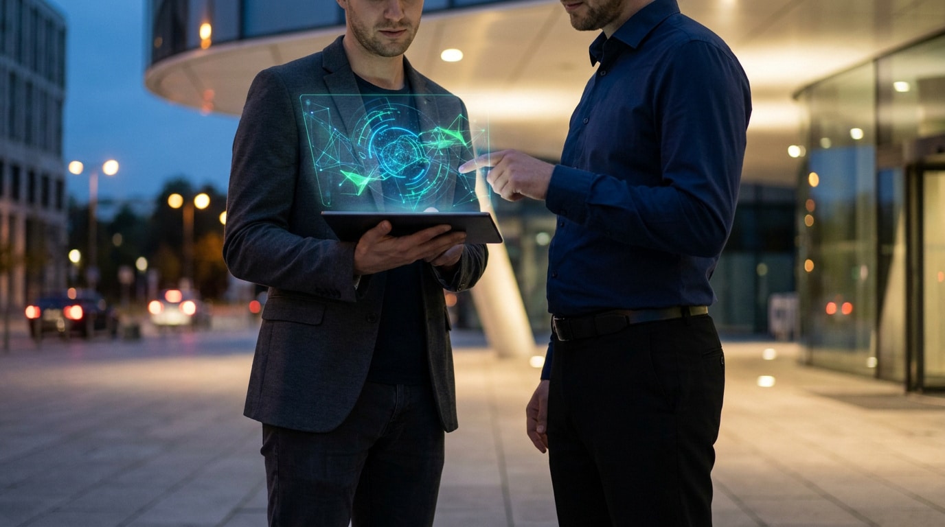 Deux hommes en tenue professionnelle examinant une interface holographique numérique au-dessus d'une tablette.
