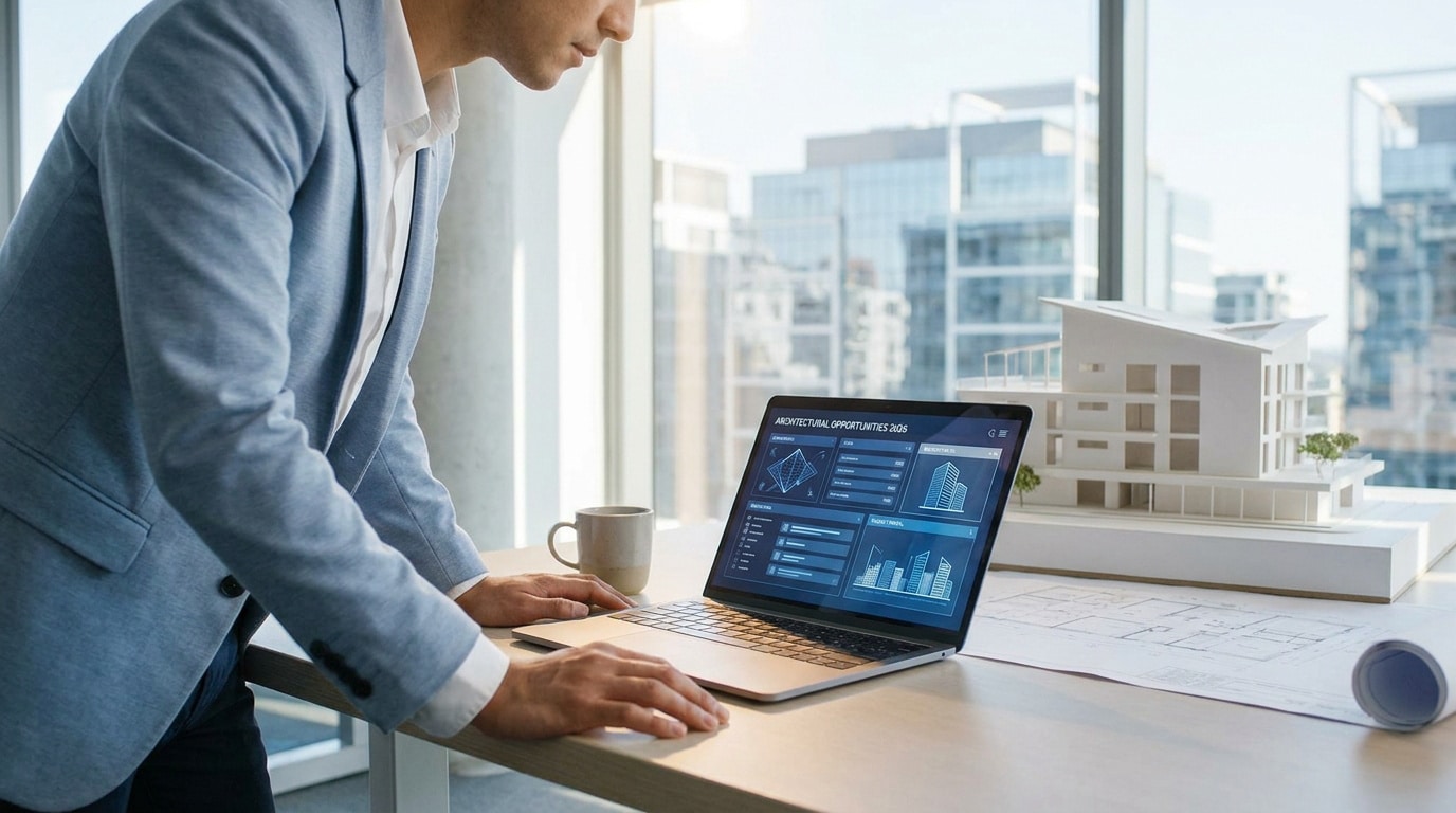 Un architecte en veste bleue consulte des offres d'emploi sur un ordinateur portable dans un bureau moderne.