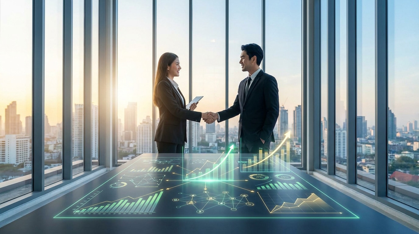 Un homme et une femme d'affaires se serrant la main au-dessus d'une table avec des graphiques numériques lumineux.