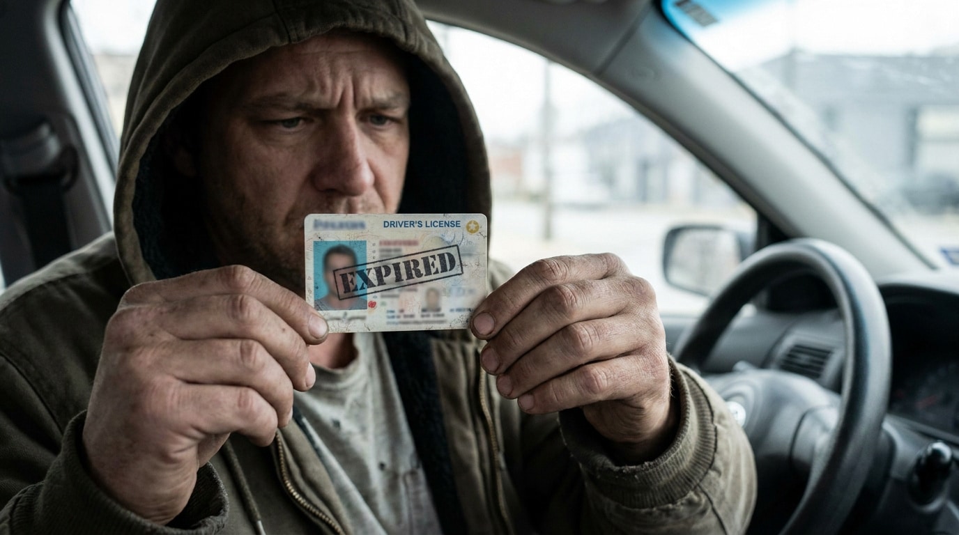 Un homme inquiet assis dans une voiture tient un permis de conduire avec le tampon "EXPIRED" bien visible.