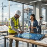 Ingénieurs travaillant sur un plan numérique d'un projet de construction avec des vues sur un chantier en arrière-plan.
