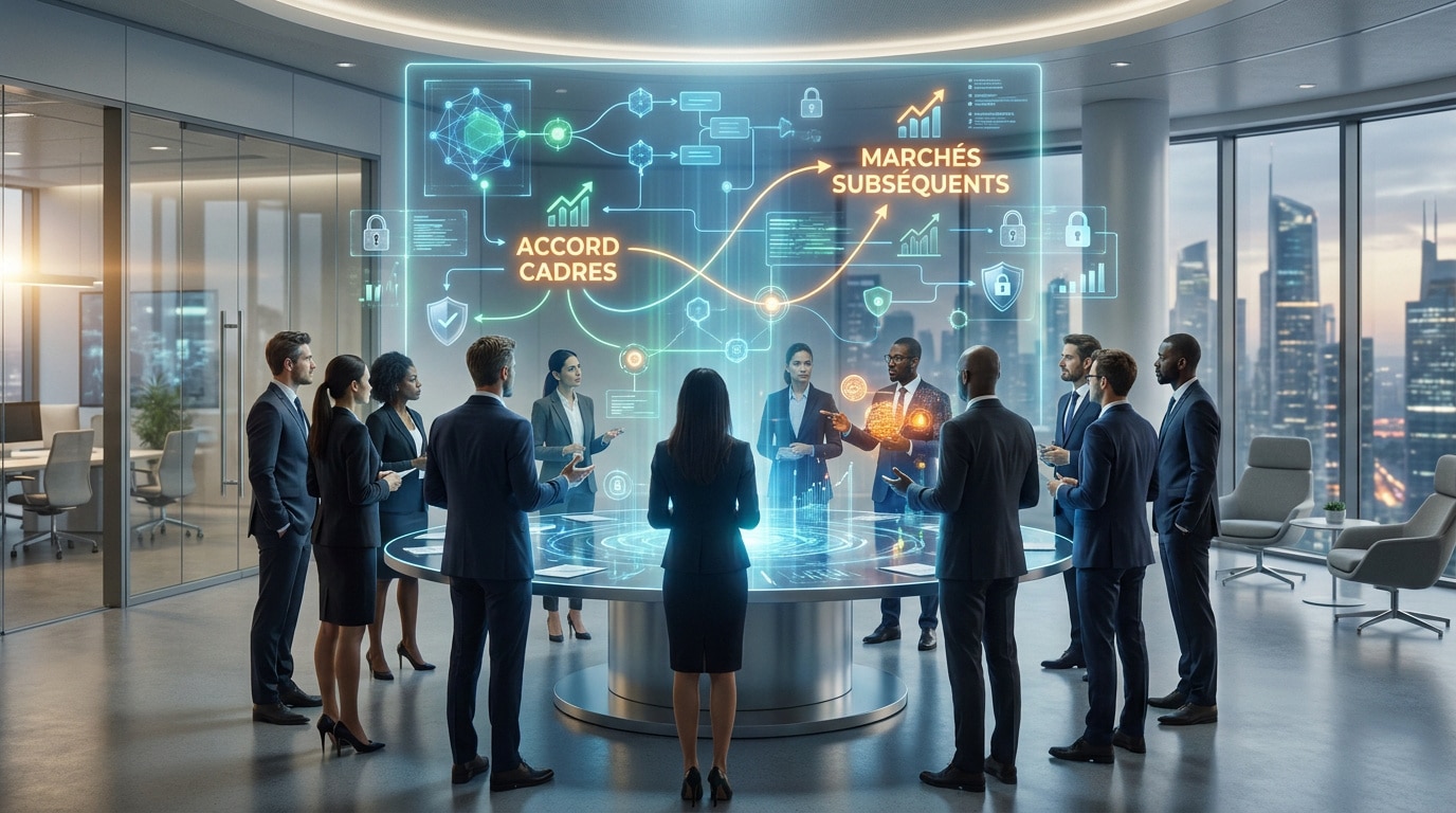 Groupe de professionnels autour d'une table avec une interface numérique montrant des processus d'accord-cadre.