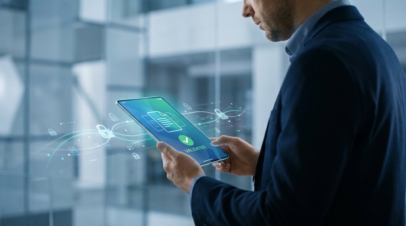 Un homme d'affaires utilise une tablette affichant un document validé avec des icônes de sécurité numériques.