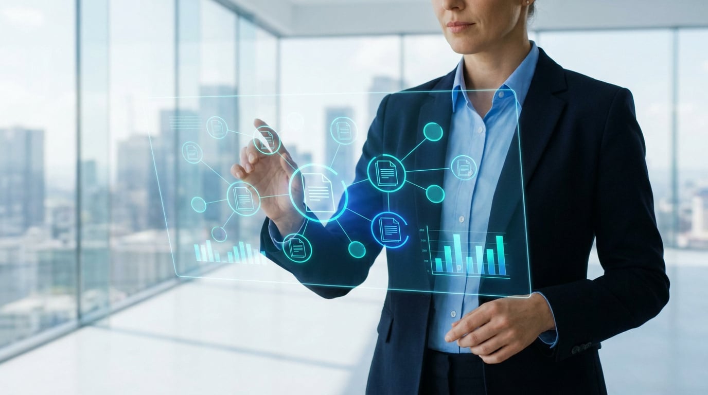 Une femme d'affaires manipulant une interface holographique affichant des documents et des graphiques.