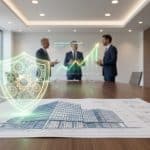 Plan d'architecte sur une table de réunion avec des graphiques holographiques et trois hommes d'affaires en arrière-plan.