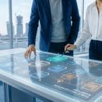 Deux professionnels analysent un flux de travail numérique sur une table interactive devant une vue urbaine.