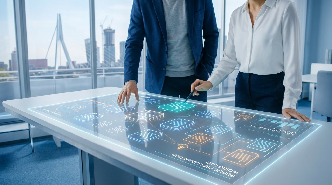 Deux professionnels analysent un flux de travail numérique sur une table interactive devant une vue urbaine.