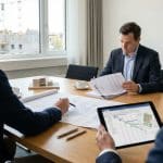 Trois professionnels en costume analysent des plans et documents techniques autour d'une table de réunion.