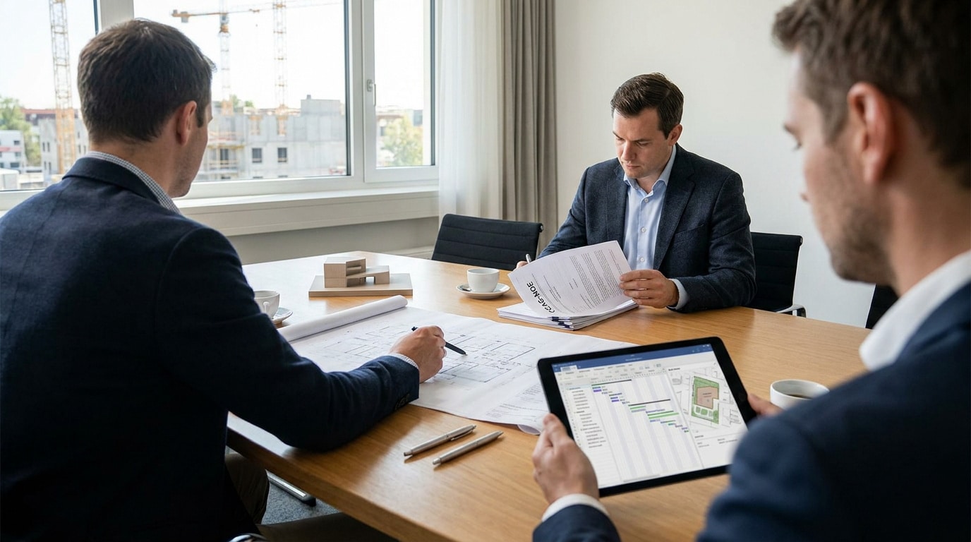 Trois professionnels en costume analysent des plans et documents techniques autour d'une table de réunion.