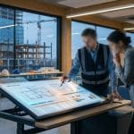 Un ingénieur et une gestionnaire examinent des plans de construction sur une table tactile interactive dans un bureau moderne.
