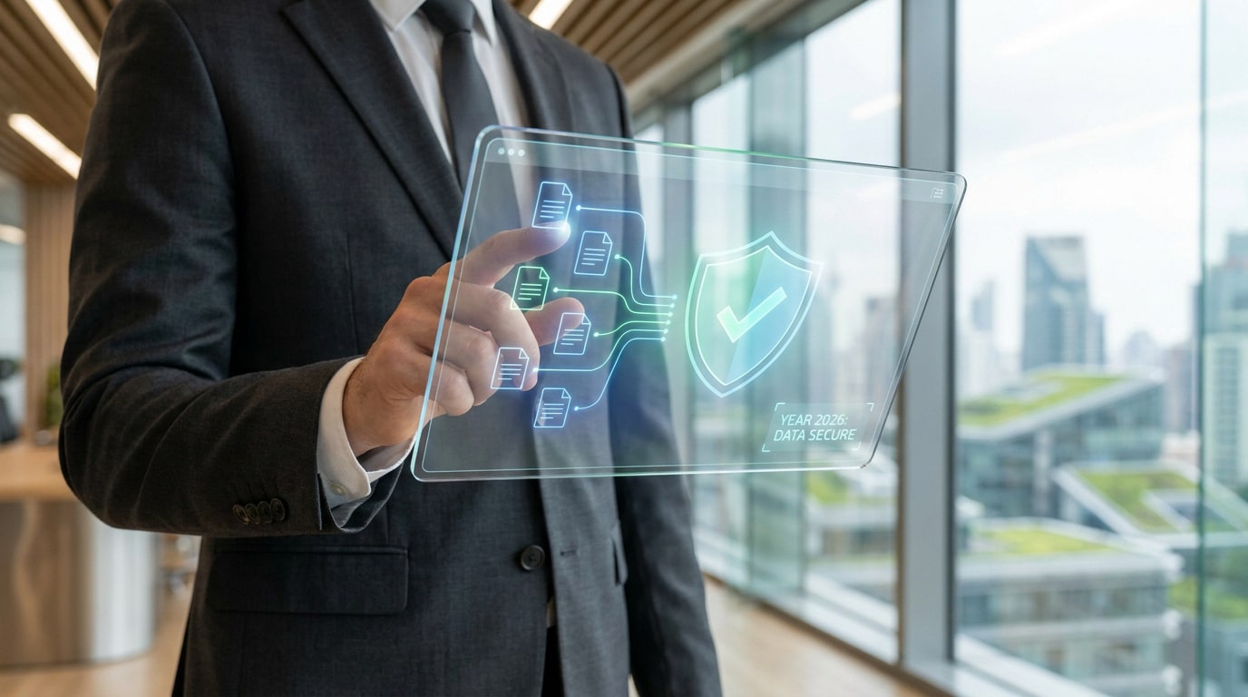 Un professionnel en costume manipulant une interface numérique holographique affichant des documents sécurisés.