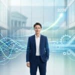 Une femme en costume debout dans un bureau futuriste, entourée de données numériques et d'une flèche pointant vers 2026.